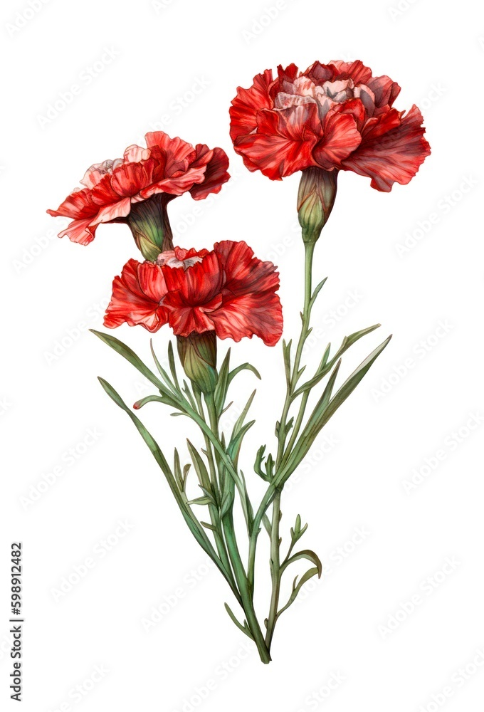 Watercolor illustration of a bouquet of red carnations isolated on white background. Generative AI.
