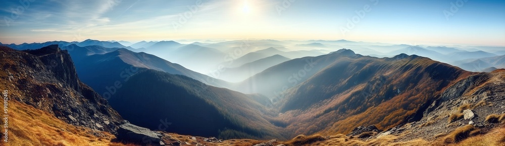 Obraz premium Hazy, Serene Ambience of Sunlit Mountains, Enchanting Landscape, Majestic Scenery, Artistically Rendered, Generative AI