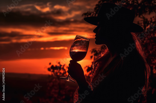 Wine Tasting among the Vines. Evocative silhouette of a person relishing wine, surrounded by picturesque vineyards, as the sun sets in the background. Wine concept AI Generative