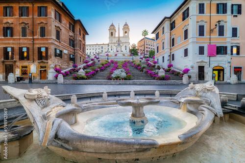 Spanish Steps in the morning with azaleas in Rome, Italy. photo