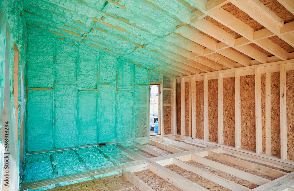 Photo collage before and after thermal insulation room in wooden frame