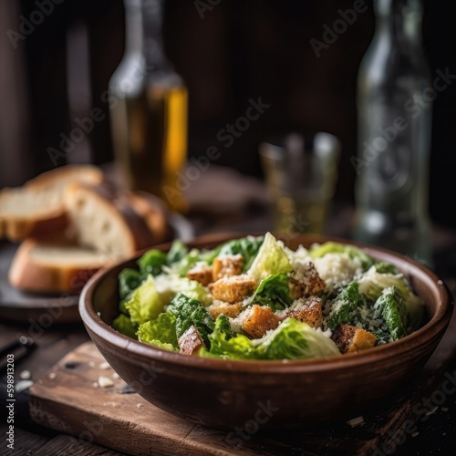 Caesar Salad On Stone In Rustic Pub. Generative AI