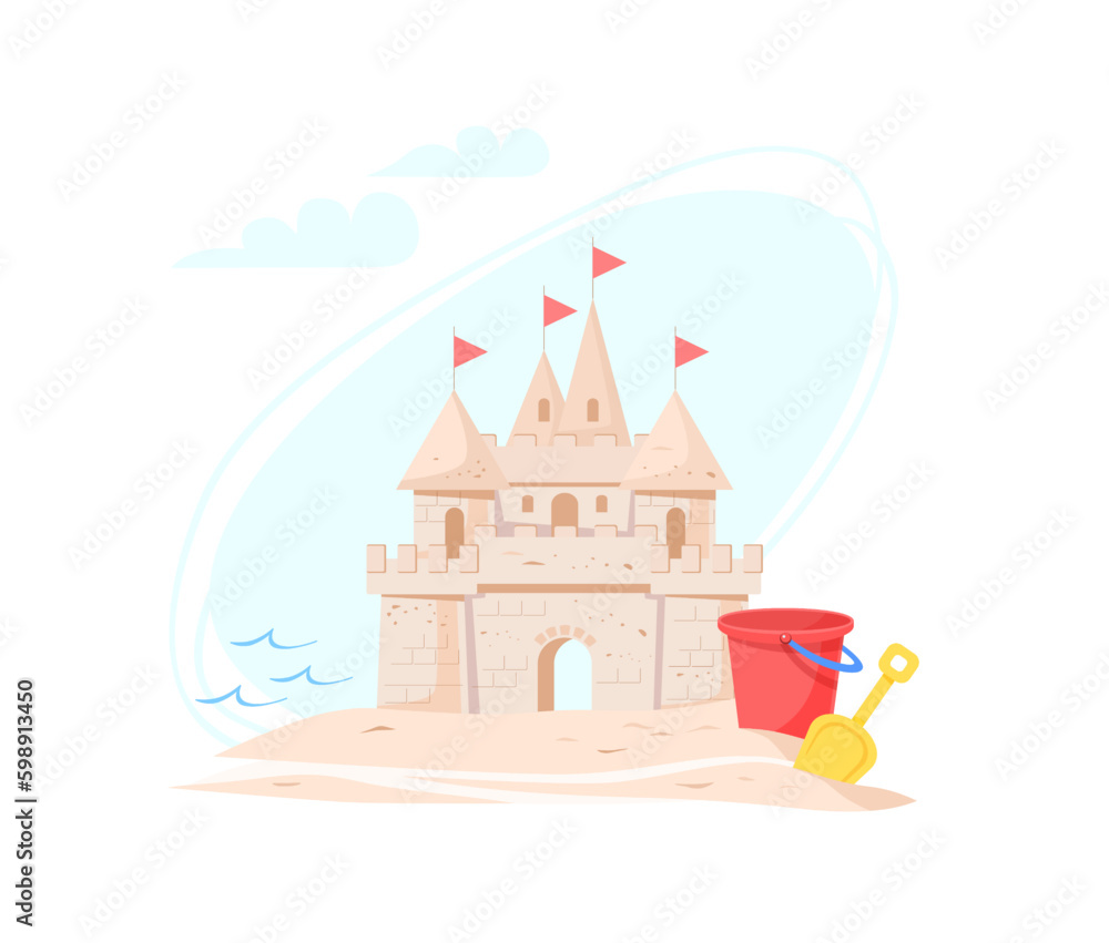 Sand castle with towers, gates and flags on shore of sea bay on sunny day. Children's red plastic bucket and yellow scoop to play in sandpit. Vector illustration of beach holiday.