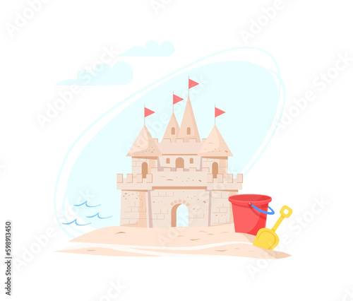 Sand castle with towers, gates and flags on shore of sea bay on sunny day. Children's red plastic bucket and yellow scoop to play in sandpit. Vector illustration of beach holiday.