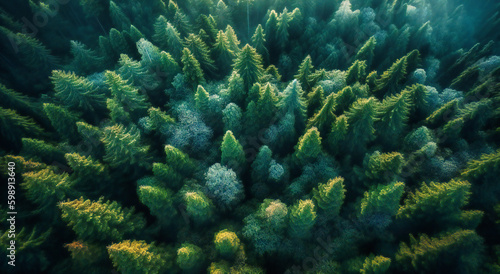 an aerial view of pine trees in the forest, © SK