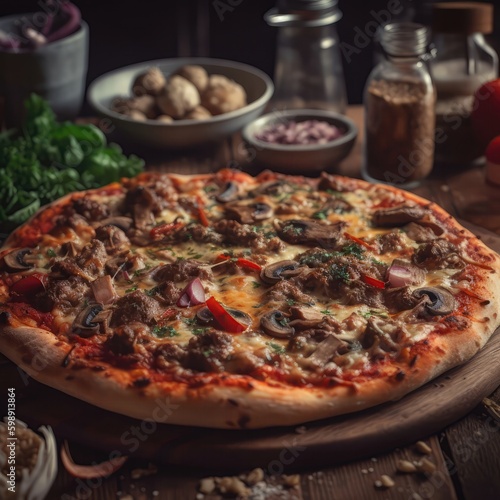 Meat Lovers Pizza On Stone In Rustic Pub. Generative AI