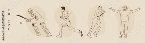 Isolated line art Vector illustration of cricket players and umpire, IPL Cricket.