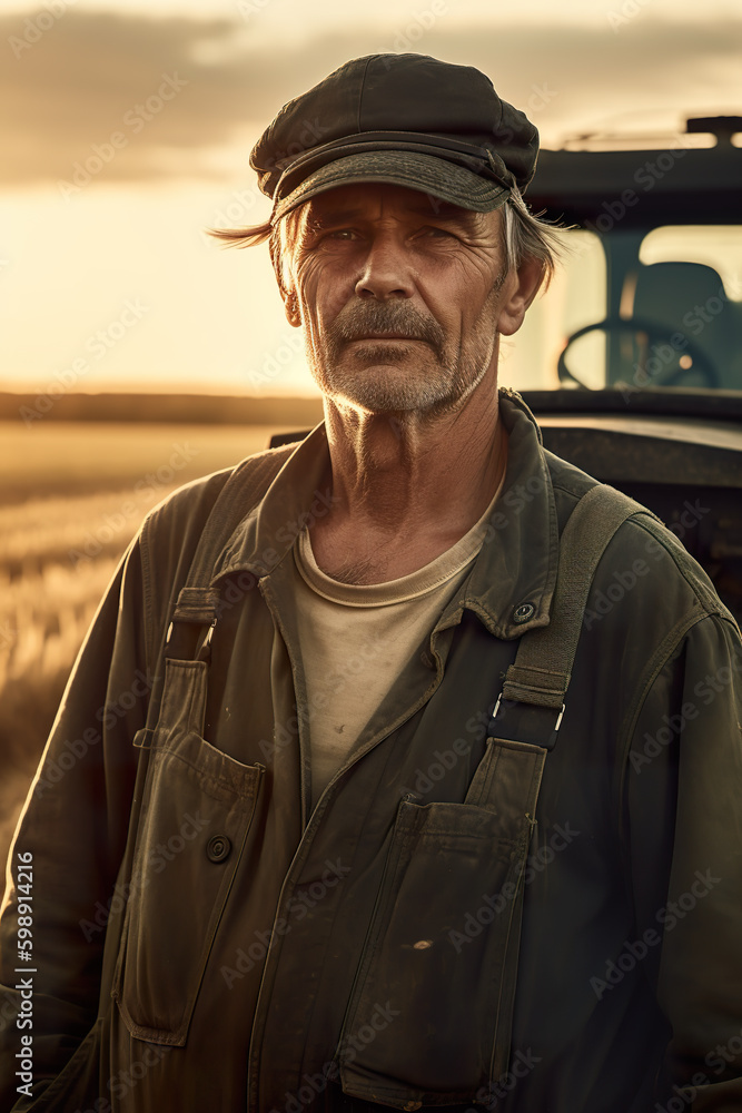 A man standing in front of a truck in a field. AI generative.