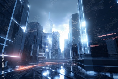 A futuristic cityscape with advanced security and surveillance technology  Generative AI