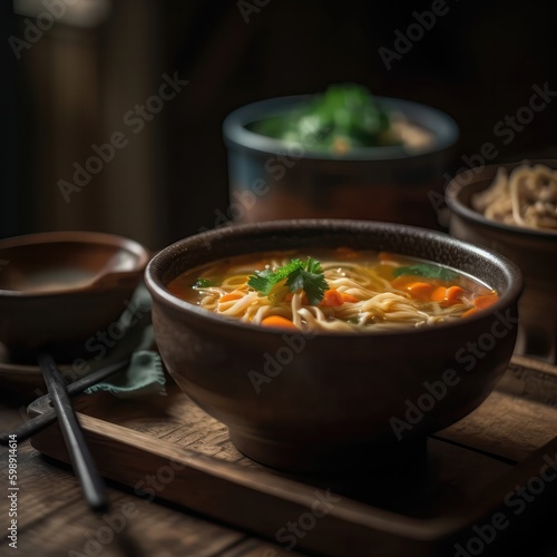 Noodle Soups On Stone In Rustic Pub. Generative AI