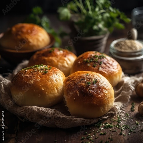 Pampushky Garlic Bread Rolls On Stone In Rustic Pub Ukrainian Dishes. Generative AI photo