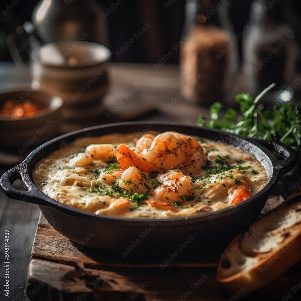 Shrimp And Grits On Stone In Rustic Pub. Generative AI