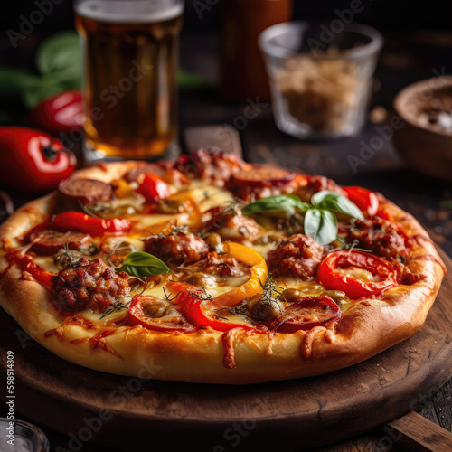 Sausage And Pepper Pizza On Stone In Rustic Pub. Generative AI