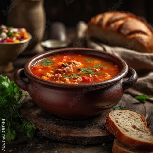 Solyanka Meat And Vegetable Soup On Stone In Rustic Pub Ukrainian Dishes. Generative AI