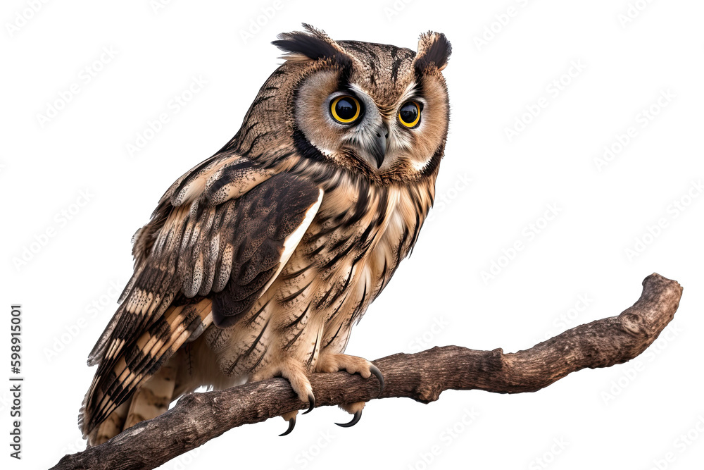Naklejka premium Owl on a branch isolated on white, transparent background, PNG, generative ai
