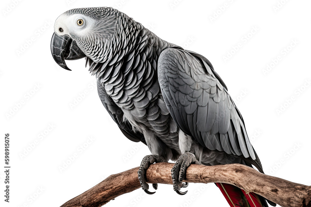 Congo African Grey Parrot on a branch isolated on white, transparent background, PNG, generative ai Congo African Grey Parrot on a branch isolated on white, transparent background, PNG, generative ai