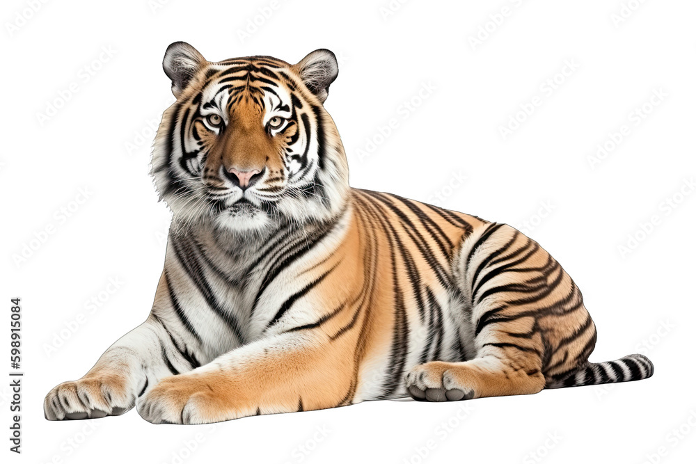 tiger sitting isolated on white, transparent background, PNG, generative ai