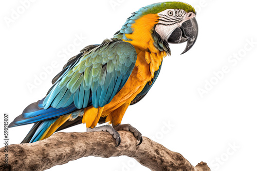 Macaw on a branch isolated on white, transparent background, PNG, generative ai