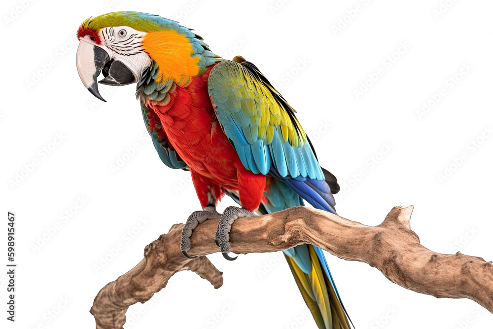 Macaw on a branch isolated on white, transparent background, PNG, generative ai