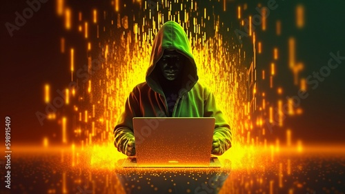 Breach of Yandex. Battle of the cyber hackers on a future laptop. backlit neon with a cyber feel. Matrix. GENERATE AI. photo