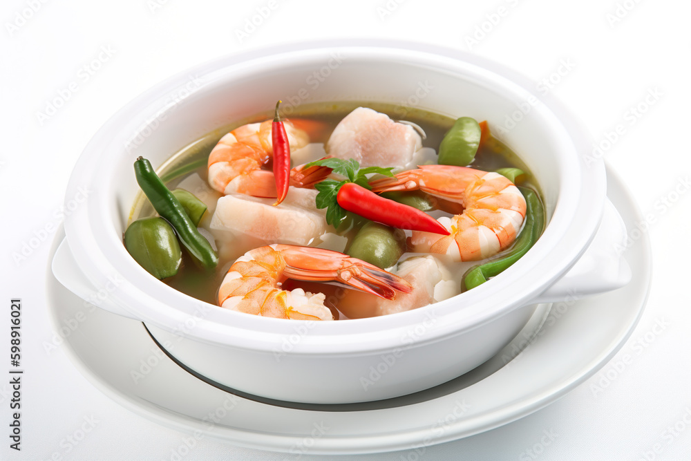 Sinigang, sour soup from Philippines made with shrimps, tamarind, tomatoes and onions AI generative Filipino dish. Sinigang, sour soup from Philippines made with shrimps, tamarind, tomatoes and onions AI generative Filipino dish.