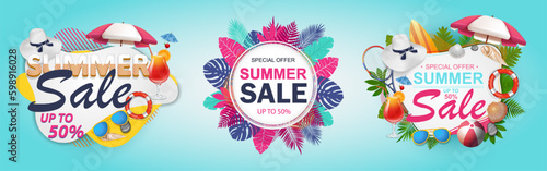 Summer sale promotion banners with colorful beach elements and palm leaves. Design for placard, social media banner, brochure, flyer, poster, vector illustration
