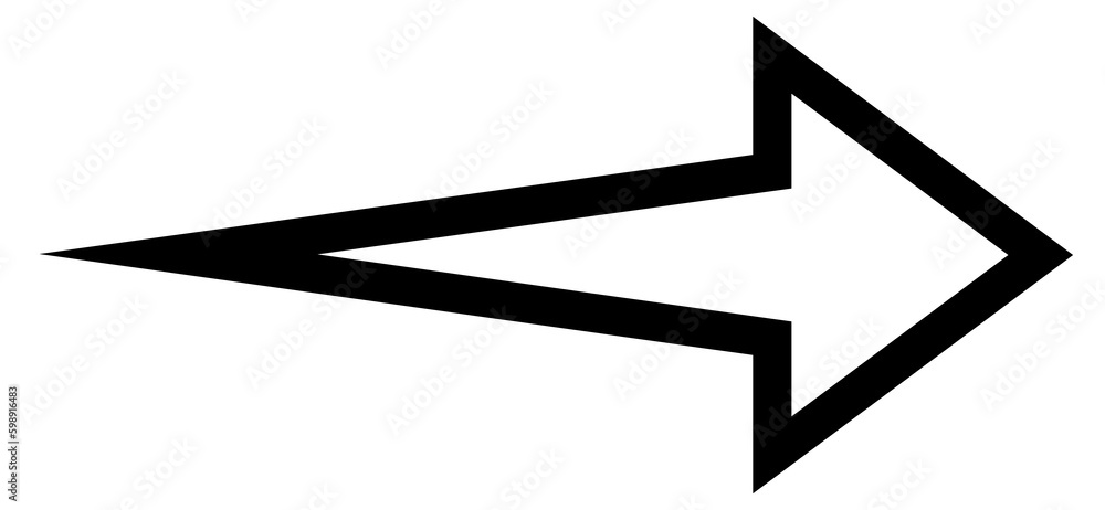 Pointed arrow icon with outline. Black thin arrow pointing to the right. Black direction pointer