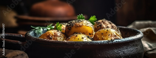 Kartoplia Na Pary Steamed Potatoes On Stone Rustic Pub Ukrainian Dishes Wide Panoramic. Generative AI