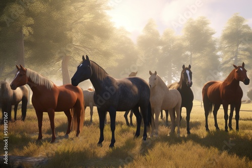 A detailed illustration of a group of domesticated animals, such as horses or cows, in a pastoral setting, Generative AI © Nino39