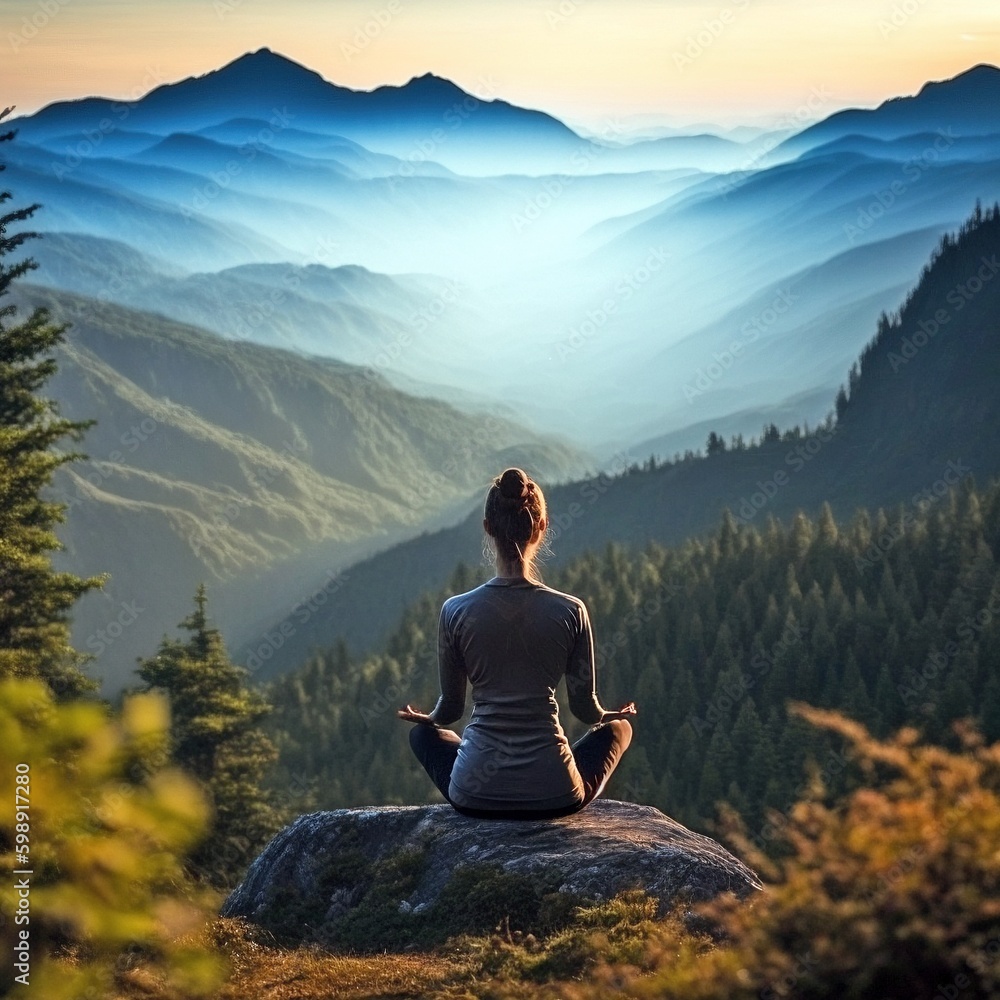 Tranquil Yoga Meditation at Sunset, Breathtaking Mountain View, Travel Lifestyle Inspiration, Serenity, Generative AI