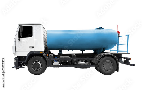 Water jetting truck isolated on white background. Water carrier car. Cleaning sweeper machine isolated. Street sweeper with the vacuum cleaner photo