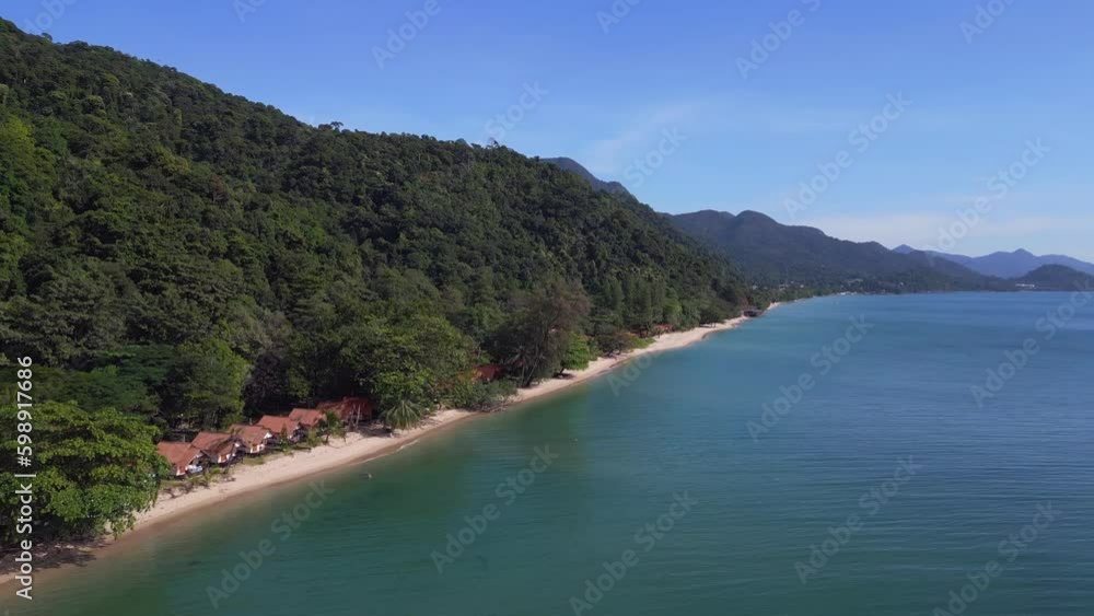 Greened mountains Cabins in jungle on beach Perfect aerial top view flight drone Greened mountains Cabins in jungle on beach Perfect aerial top view flight drone