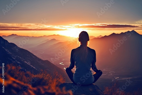 Tranquil Yoga Meditation at Sunset, Breathtaking Mountain View, Travel Lifestyle Inspiration, Serenity, Generative AI