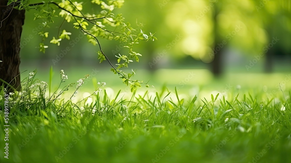 green garden grass in spring, springtime in the background and tree leaves green garden grass in spring, springtime in the background and tree leaves