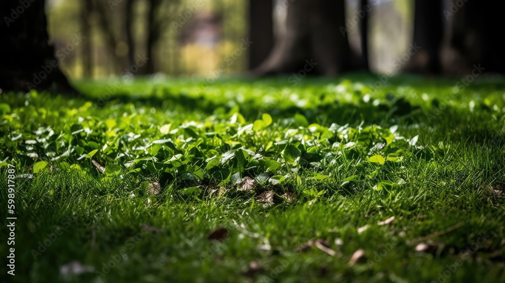green garden grass in spring, springtime in the background and tree leaves green garden grass in spring, springtime in the background and tree leaves
