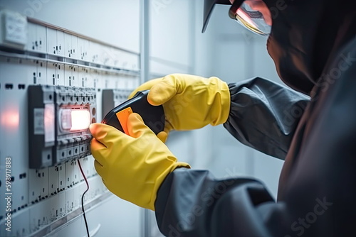 closeup worker tester measuring voltage and current of power electric line in electical cabinet control photo