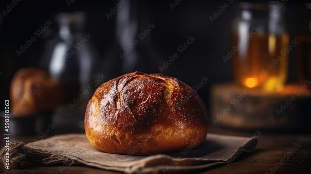 Macro Photo Brioche Bread On Stone Rustic Pub. Generative AI