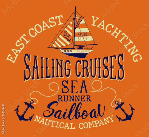 East Coast yachting sailing cruises cute vector print for children wear tee shirt