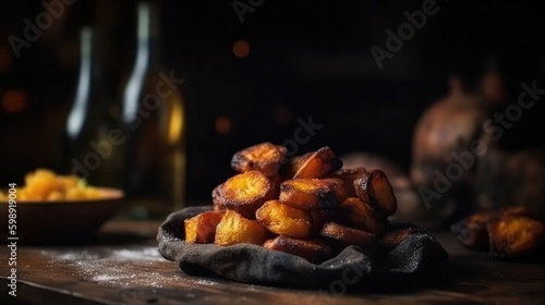 Macro Photo Fried Plantains On Stone Rustic Pub. Generative AI