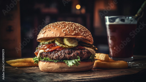 Macro Photo Hamburger On Stone Rustic Pub. Generative AI