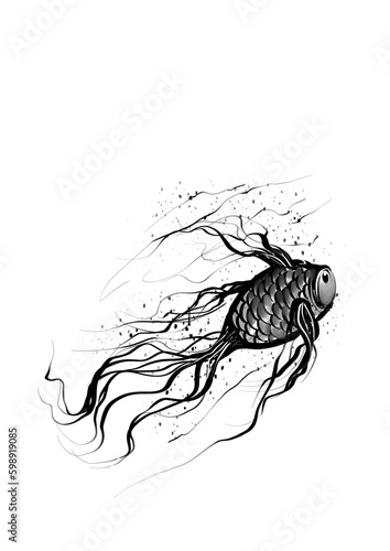 Abstract black ink drawn sketch of a fish