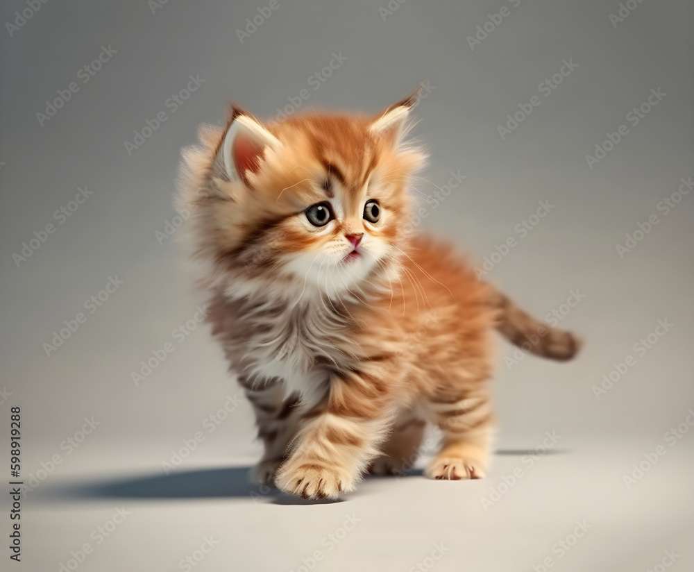 Cute red fluffy kitten on gray backround with copy space. AI generated