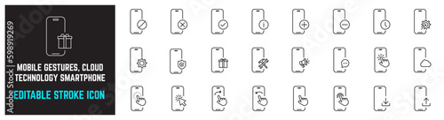Hand touch screen smartphone editable stroke icon, Different Mobile gestures on the smartphone.  Mobile phone linear icons. Mobile technology outline vector sign collection.