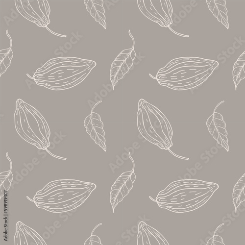 Seamless pattern with cocoa fruits and cocoa plant on a gray background. A lot of cacao, repeating background, ornament. Hand drawn.Boho chic style. Packaging, textiles, polygraph, printing.Vector 