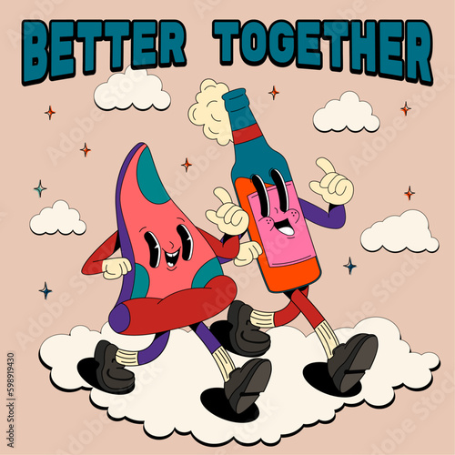 better together. Psychedelic, groovy retro cartoon pizza and beer character. Funny faces with vibrant colors. Crazy vector illustration.