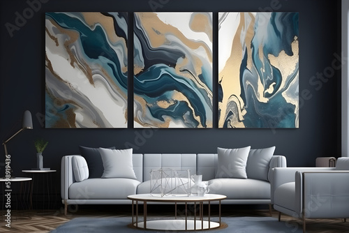 3d abstract marble wallpaper for wall decor. Resin geode and abstract art, functional art, like watercolor geode painting. Golden, navy blue, and cream gray background in three frames on the wall
