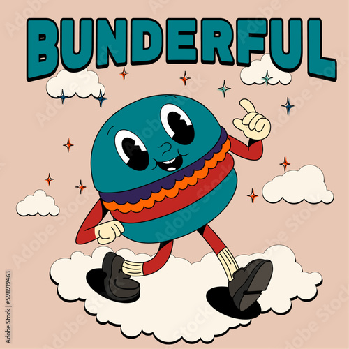  bunderful poster. Psychedelic, groovy retro cartoon burger character. Funny faces with vibrant colors. Crazy vector illustration.
