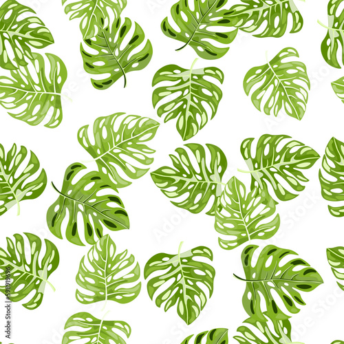 Stylized monstera leaves seamless pattern. Leaf background. Hawaiian rainforest floral backdrop. Exotic jungle plants endless wallpaper. V © smth.design