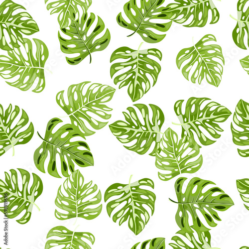 Stylized monstera leaves seamless pattern. Leaf background. Hawaiian rainforest floral backdrop. Exotic jungle plants endless wallpaper. V