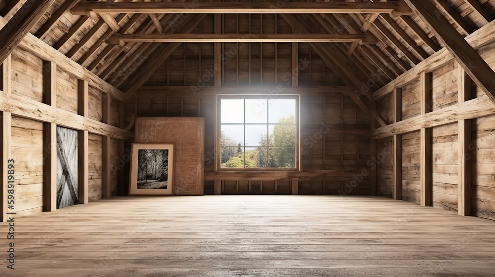 Frame mockup in cozy barn interior background, 3d render. Generative Ai Frame mockup in cozy barn interior background, 3d render. Generative Ai